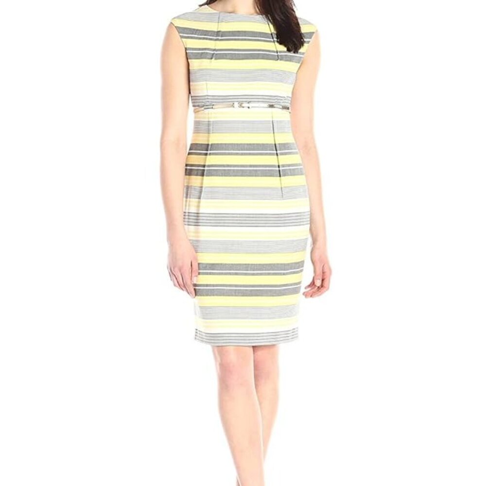 NWOT Calvin Klein Grey, White, Yellow and Pewter Sheath Dress with Belt, size 12